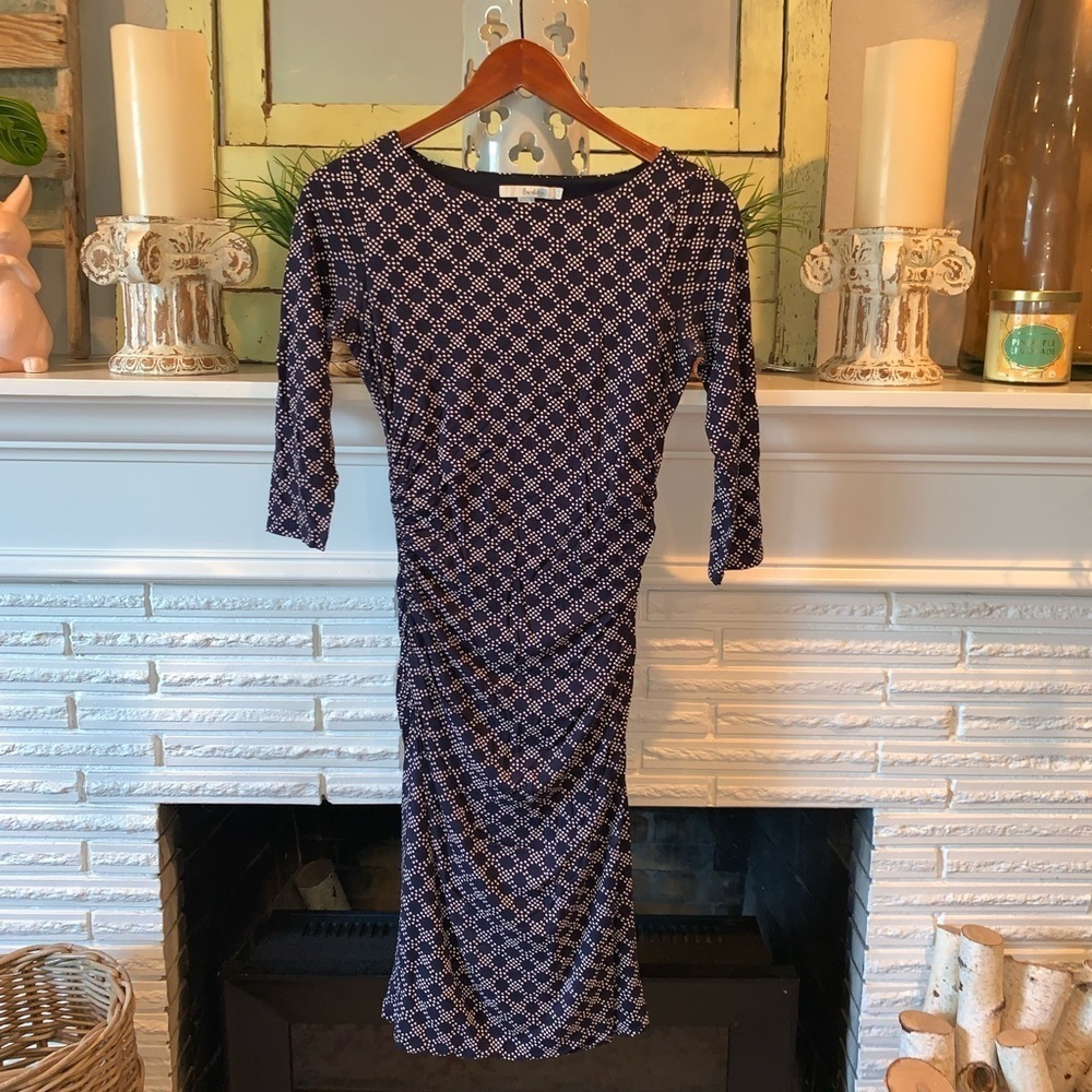 Boden Boatneck Navy Dot Print Jersey Knit Ruched 3/4 Sleeve Summer Dress Size 4